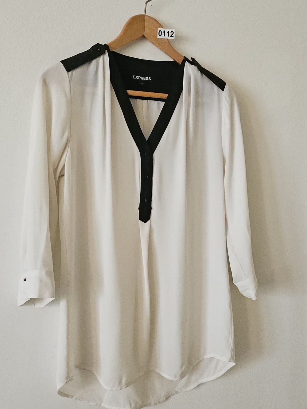 Express Women's Cream V-Neck Blouse with Black Trim